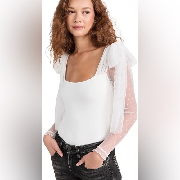 NWOT Free People Bodysuit Tongue Tied Ivory Sheer Bowtie Square Neck Long Sleeve - Picture 2 of 7